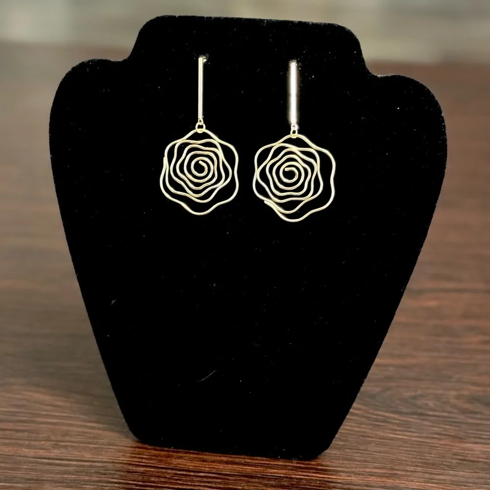 Gold Rose Wire Drop Earrings | Minimalist Statement Floral Dangle | Lightweight - Picture 4 of 5